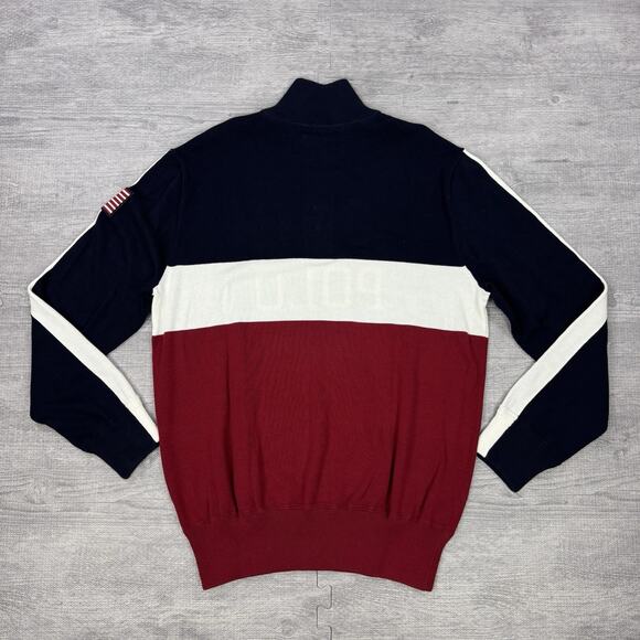 Polo Ralph Lauren Mens 1/4 Zip Sweater USA Flag Colorblock Spellout Sz L PREPPY - Picture 10 of 12